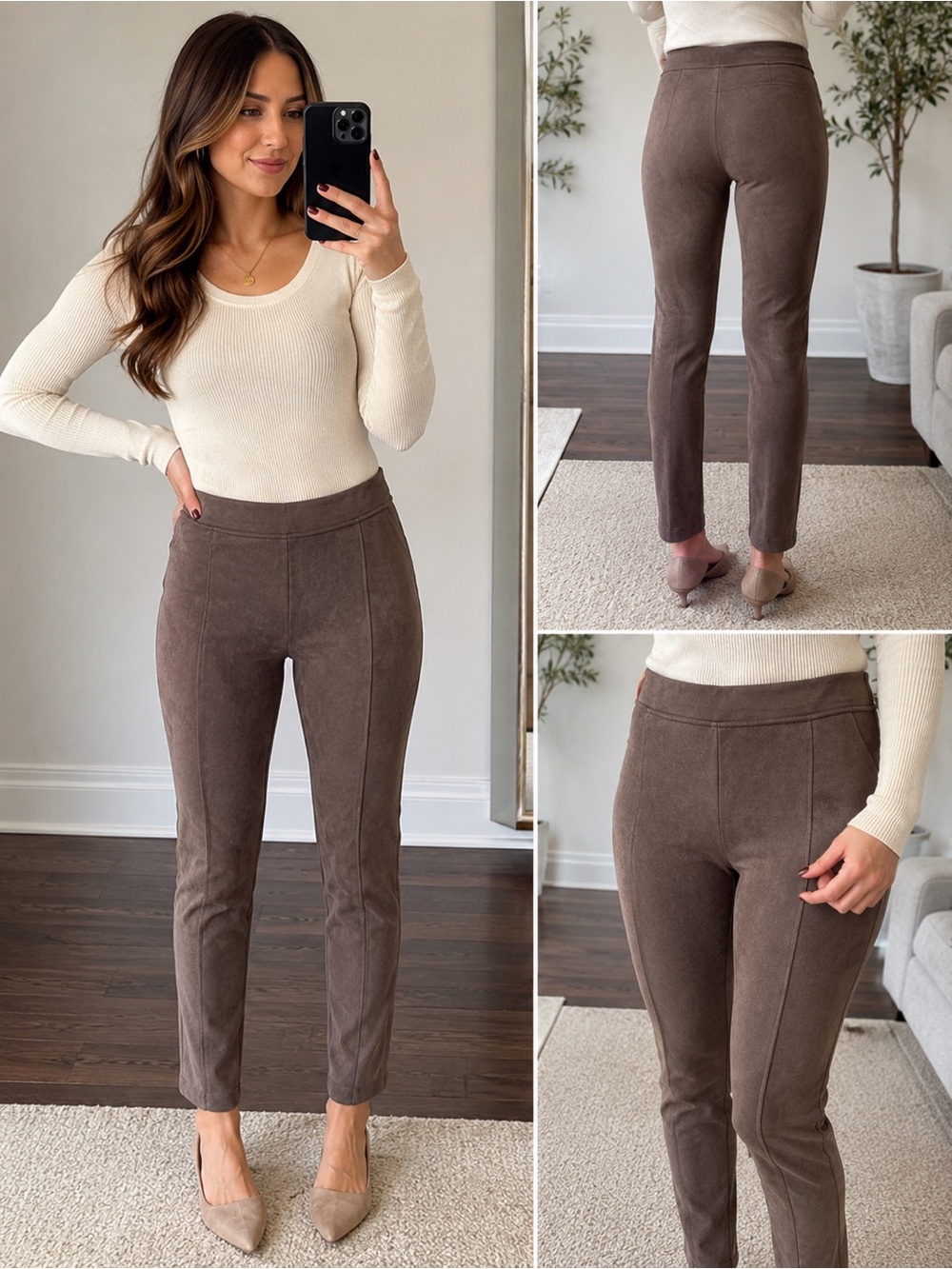 Andrew Marc Taupe Faux Suede Pull On Pants Large Minimalist Stretch